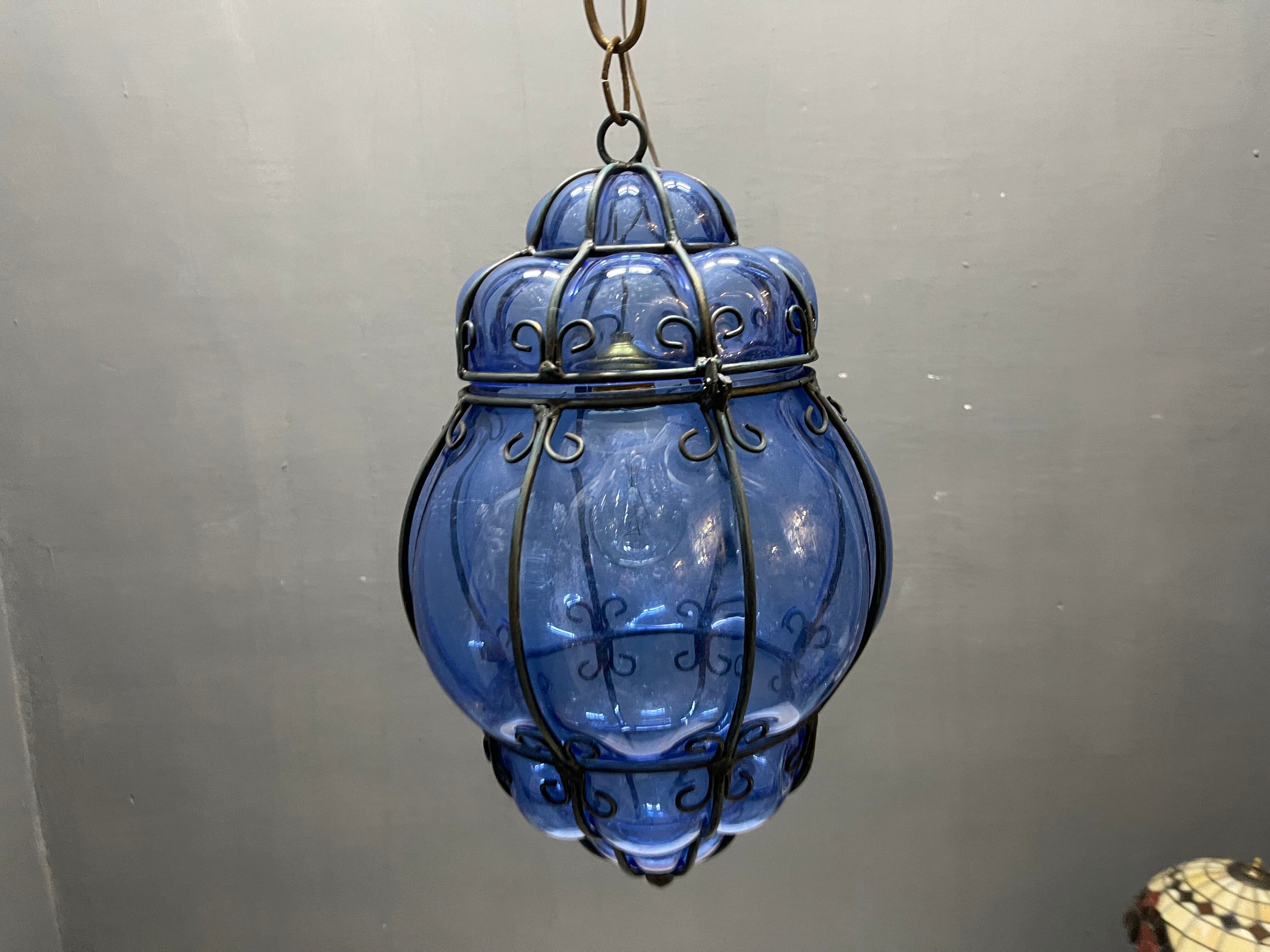 Wrought Iron Blue Murano Glass Light Pendant 1980’s