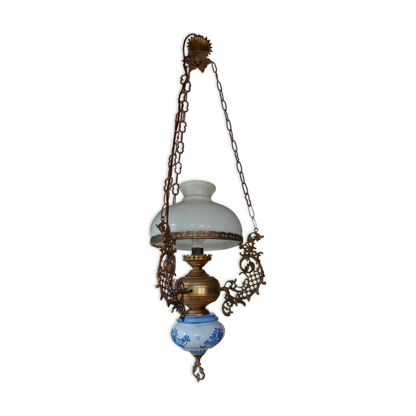 Old white opaline chandelier, brass and earthenware