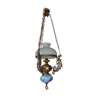 Old white opaline chandelier, brass and earthenware