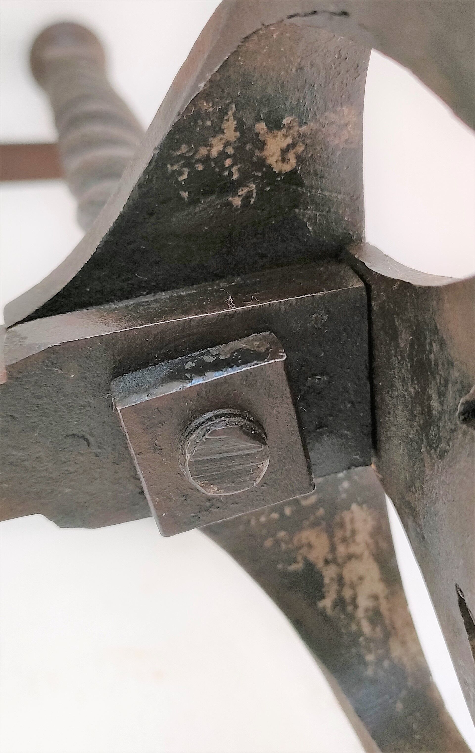 Pair of sculptural cast iron chenets with twisted heads