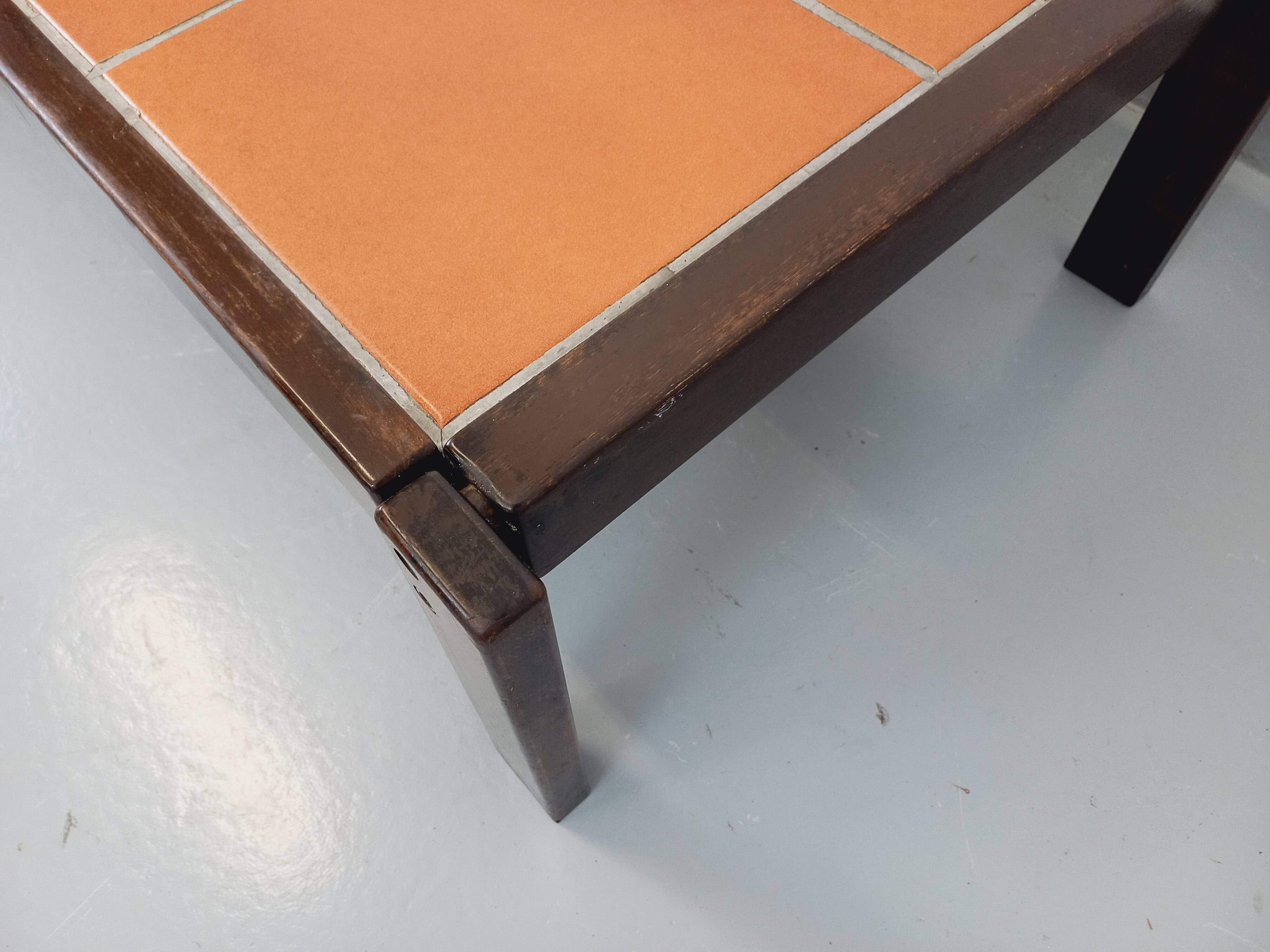 Vintage Roger Capron coffee table in dark wood and Vallauris ceramic from the 60s 70s