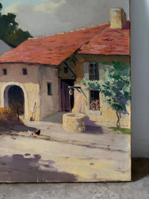 Maison de campagne avec poules, huile sur toile signé Perrot
