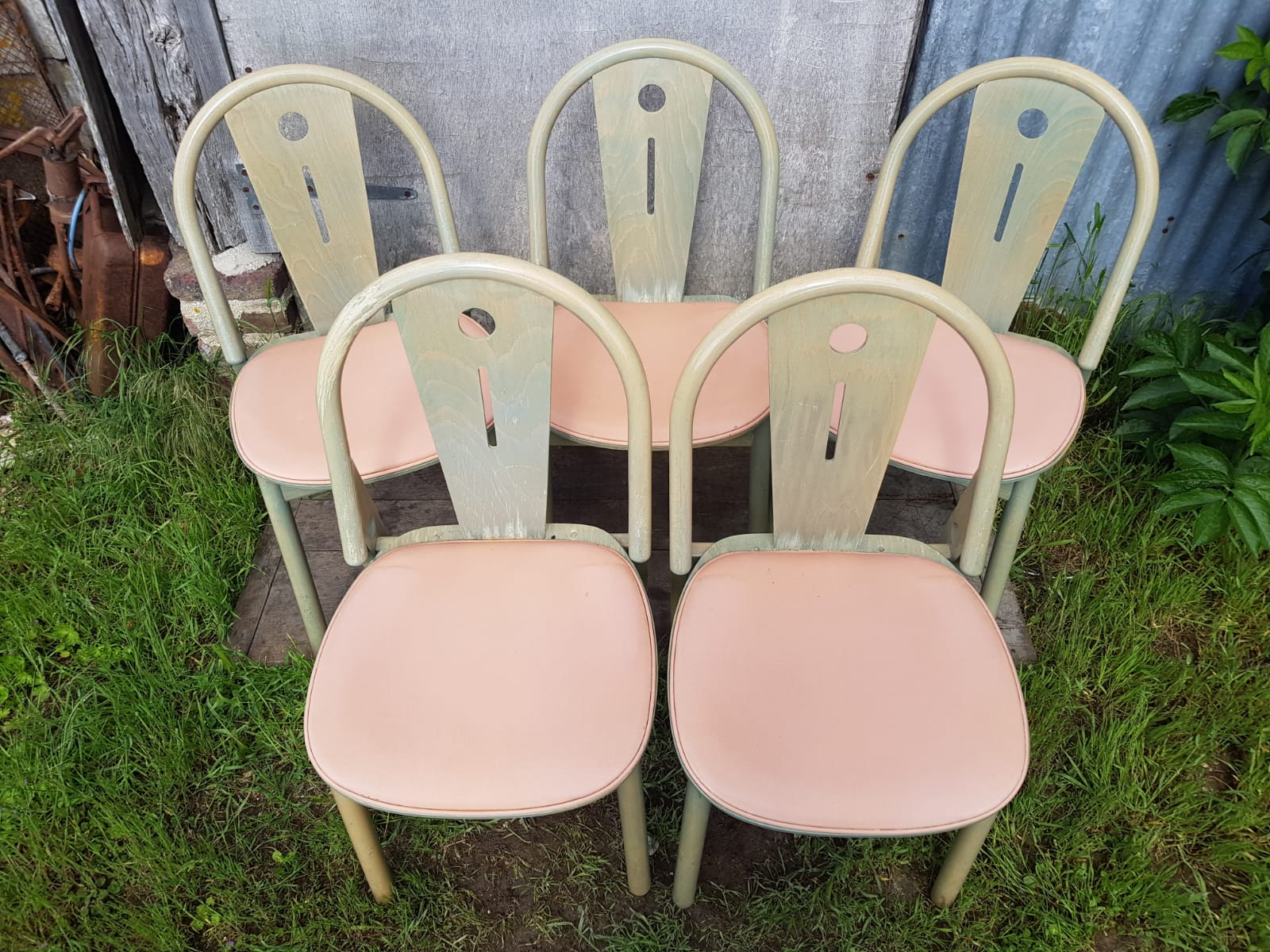 Série de 6 chaises Baumann bois vert avec assise galette clair années 80 vintage