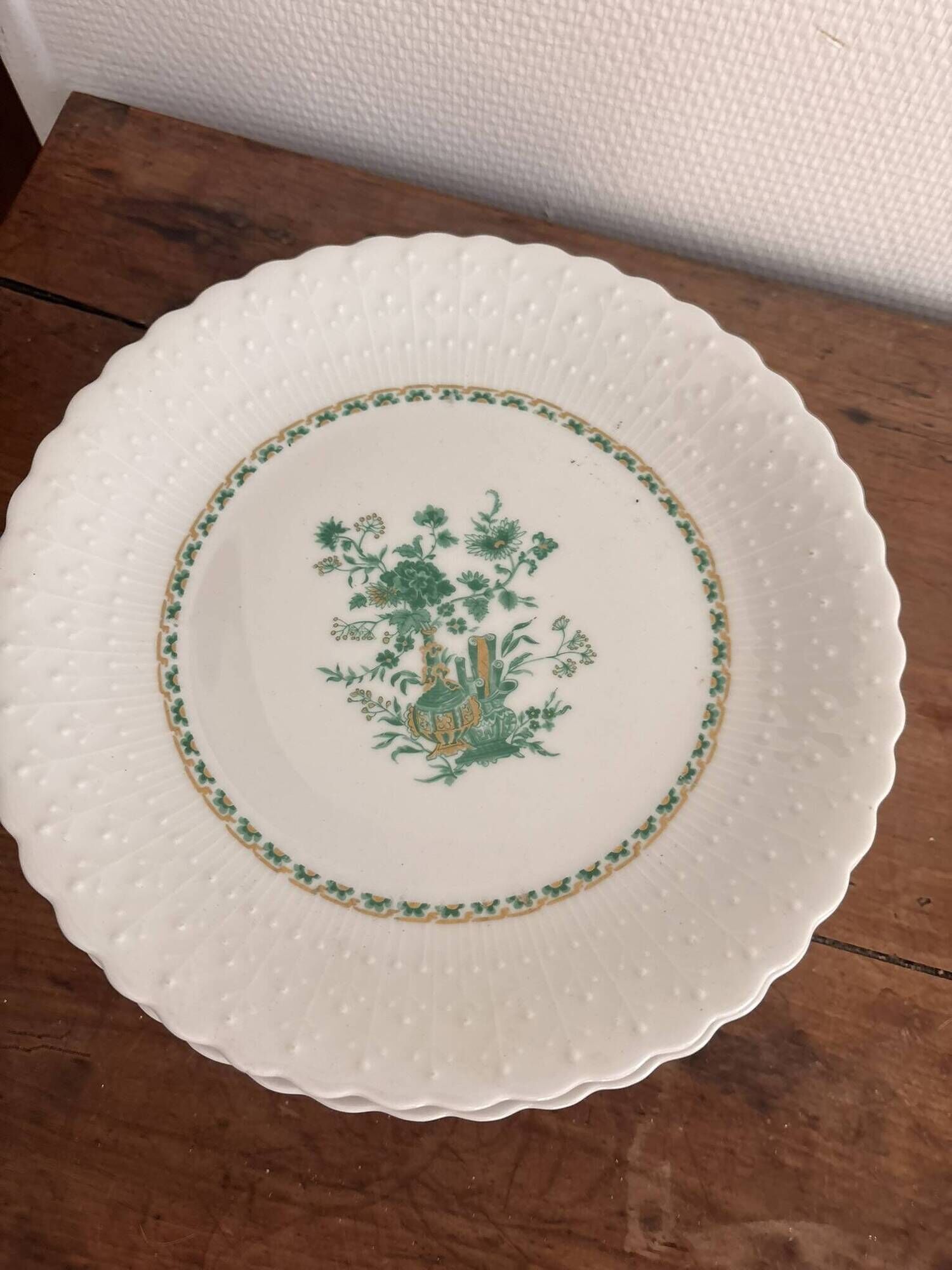 Flat Plates Porcelain Limoges Georges Boyer Nankin Green Pearl Edges