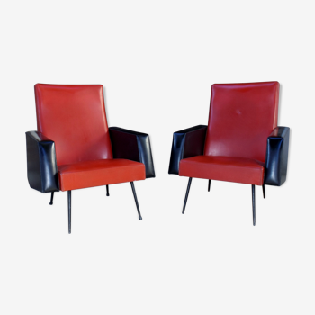 Pair of black and Red leatherette chairs 1950