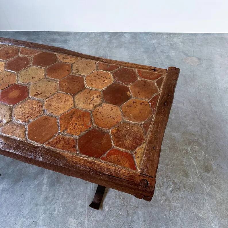 Vintage French Coffee Table in Terracotta with Oak and Iron Legs, Mid-20th Century