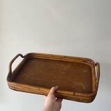 Vintage wooden and rattan tray with bamboo handle, bohemian style, wabi sabi, year