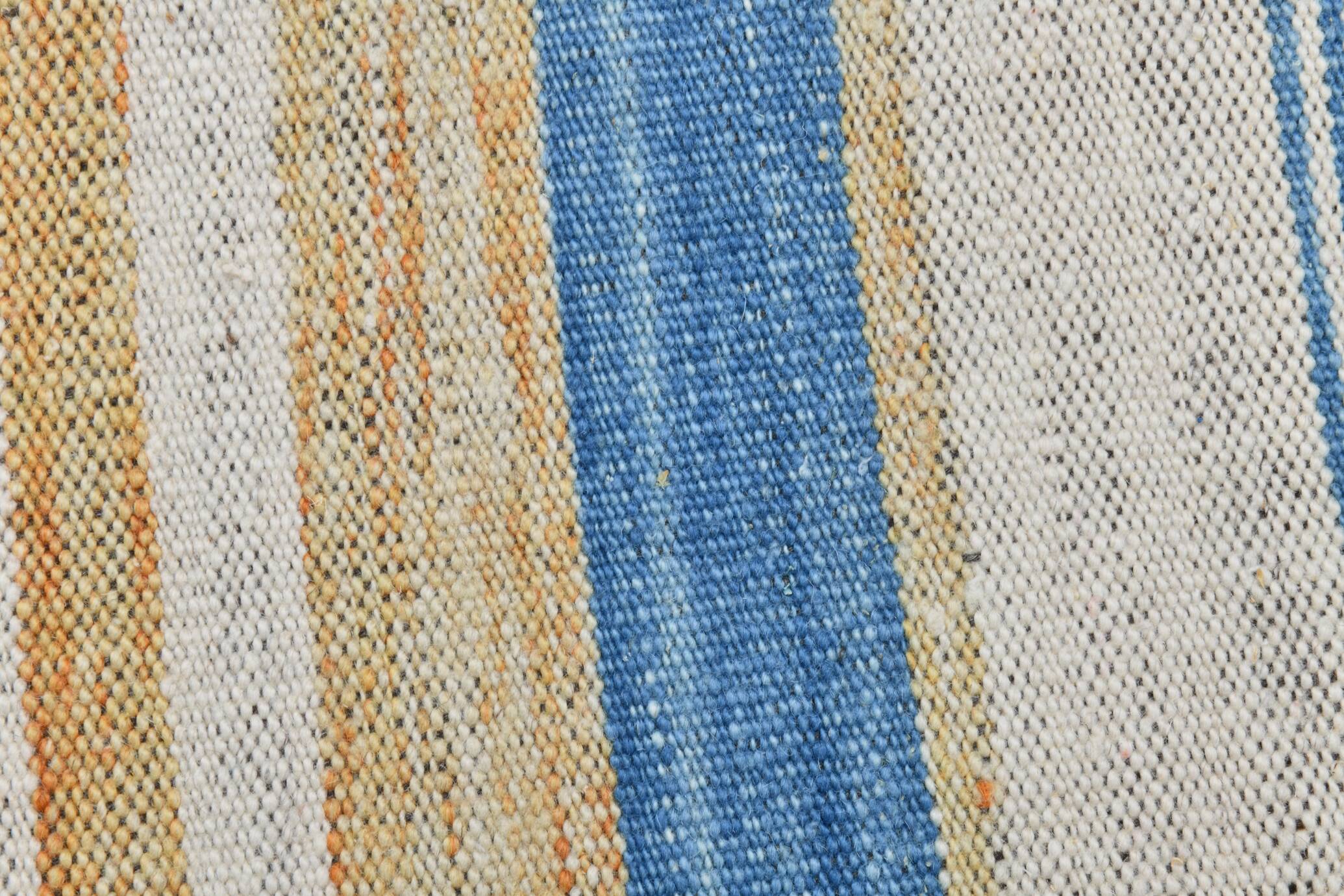 8x12 Light Blue & Off White Large Kilim Rug, 260x361Cm