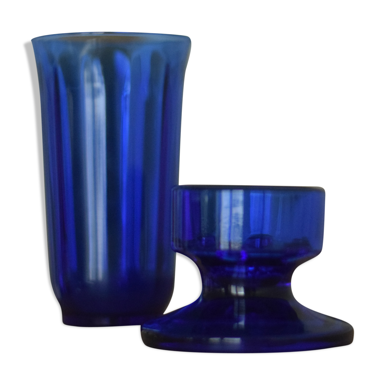 Blue glass candlestick and photophore set
