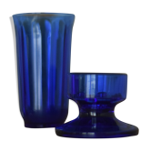 Ensemble bougeoir et photophore en verre bleu