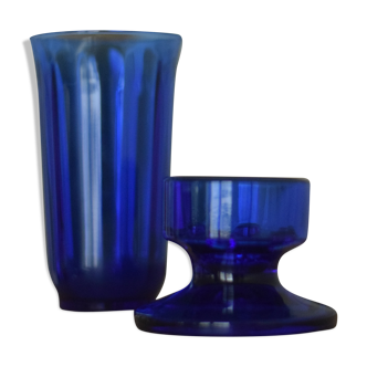 Blue glass candlestick and photophore set