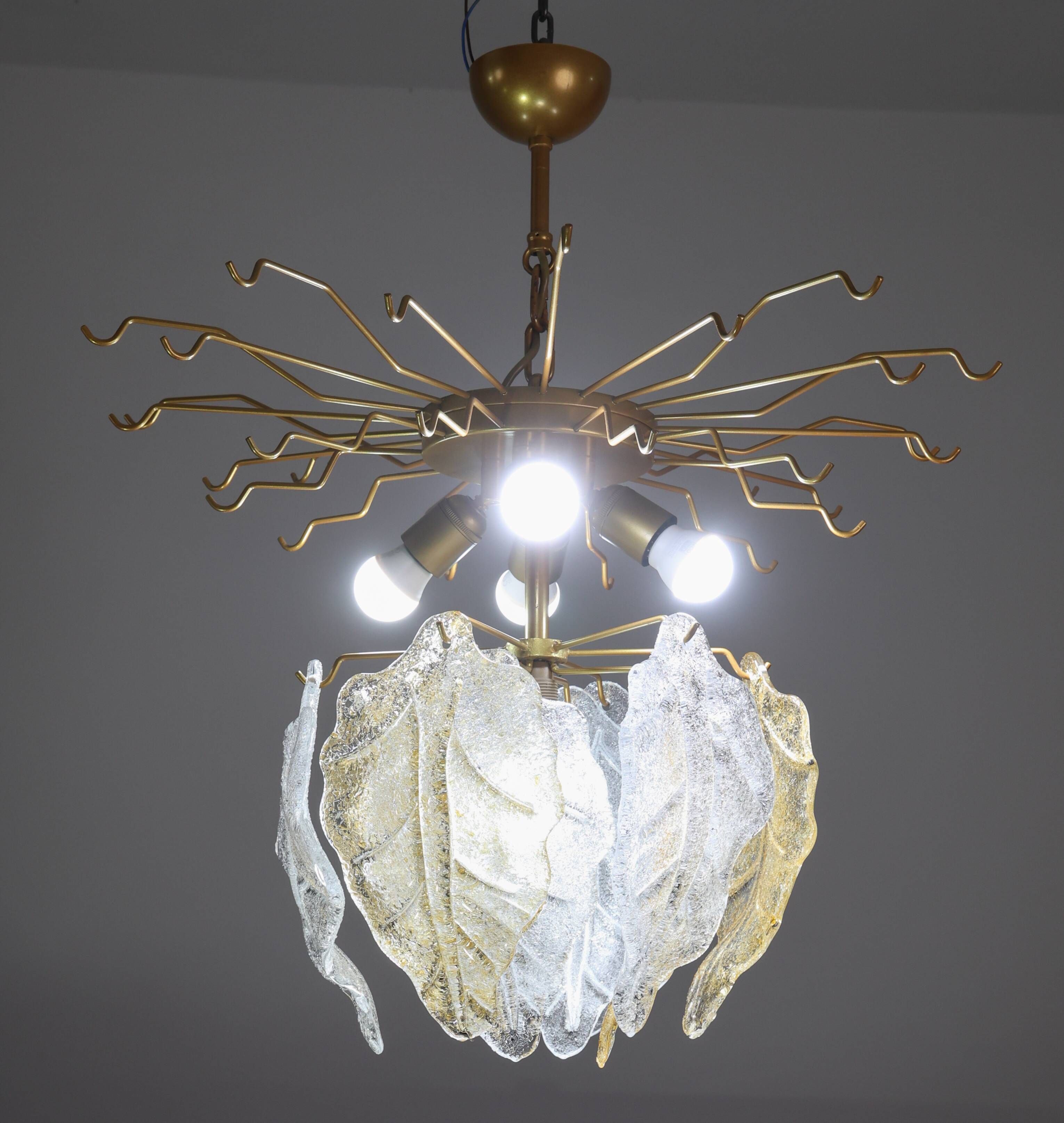 Amazing Large Size Murano Glass Clear and Orange Leaves Chandelier