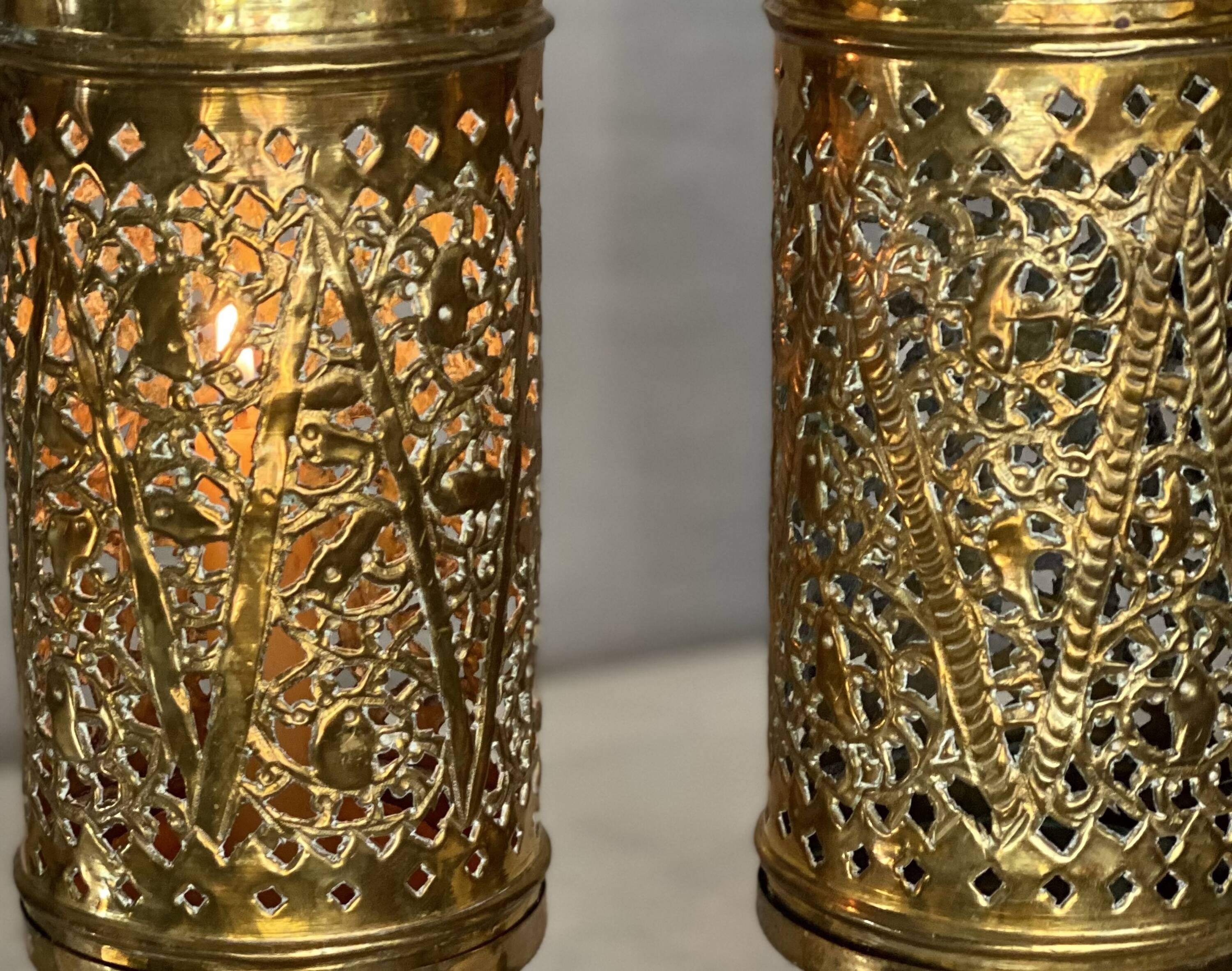 Pair of vintage openwork copper tealight candle holders