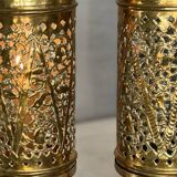 Pair of vintage openwork copper tealight candle holders
