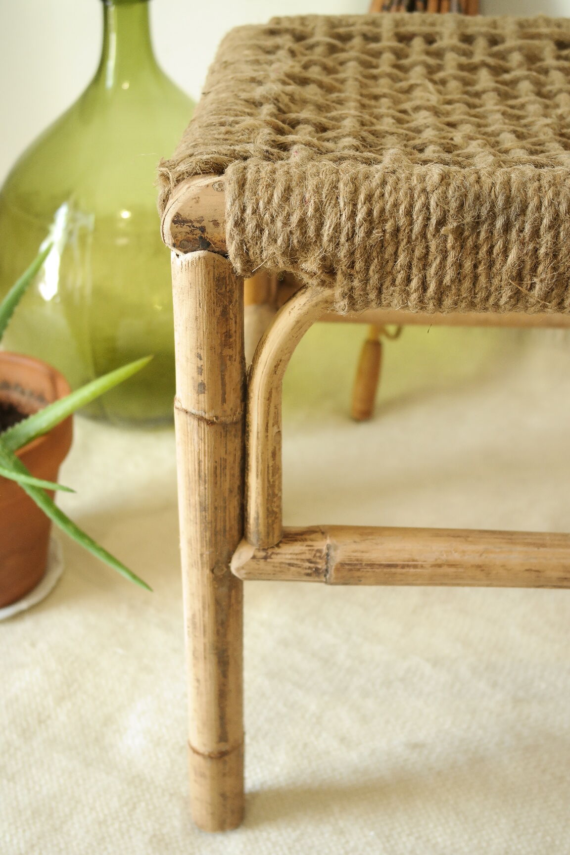 Vintage handcrafted bamboo and rope stool