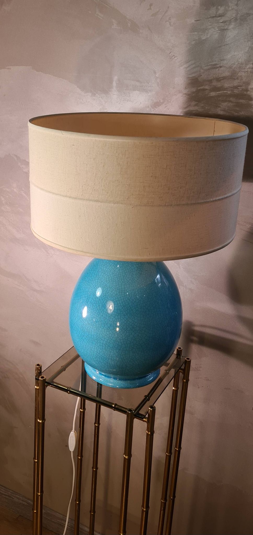 large living room lamp in cracked turquoise blue ceramic 1970 to 80, h53x40 elec ok