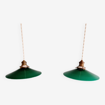 Pair of Art Deco pendant lights in conical green opaline, 1930s