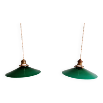 Pair of Art Deco pendant lights in conical green opaline, 1930s