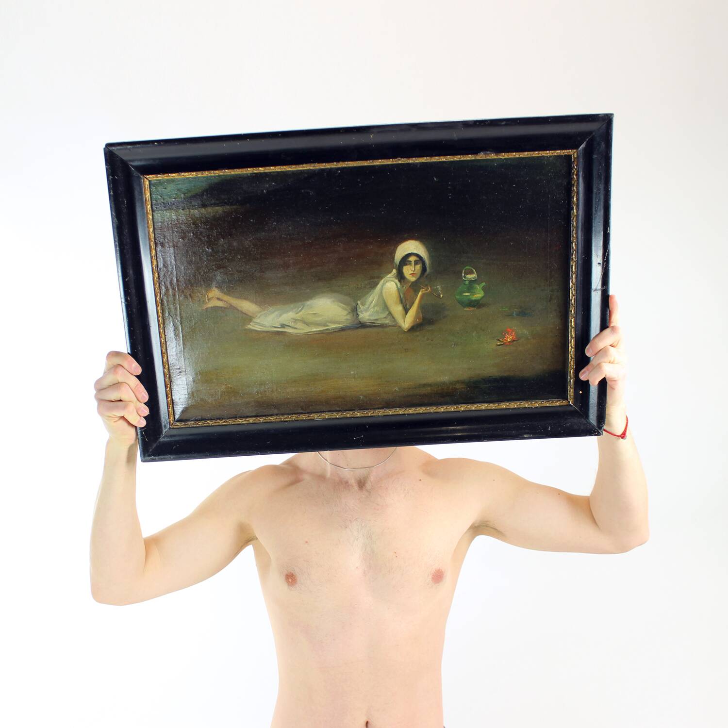 Peinture à l'huile vintage d'une gitane de Zamutov, Tchécoslovaquie, années 1940