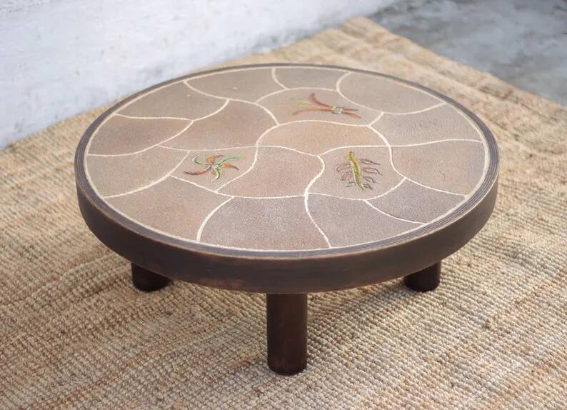 Coffee table signed Barrois, wood and stoneware table with plant decoration, France, interior decor.