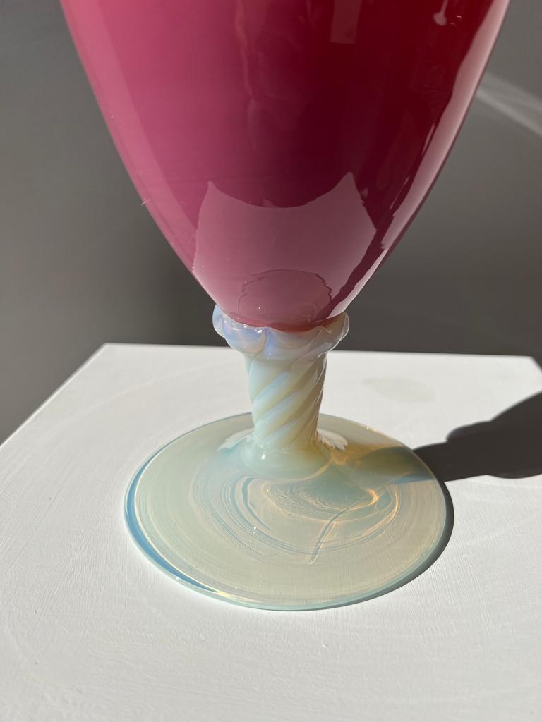 Vintage pink opaline glass vase, white foot h: 53cm