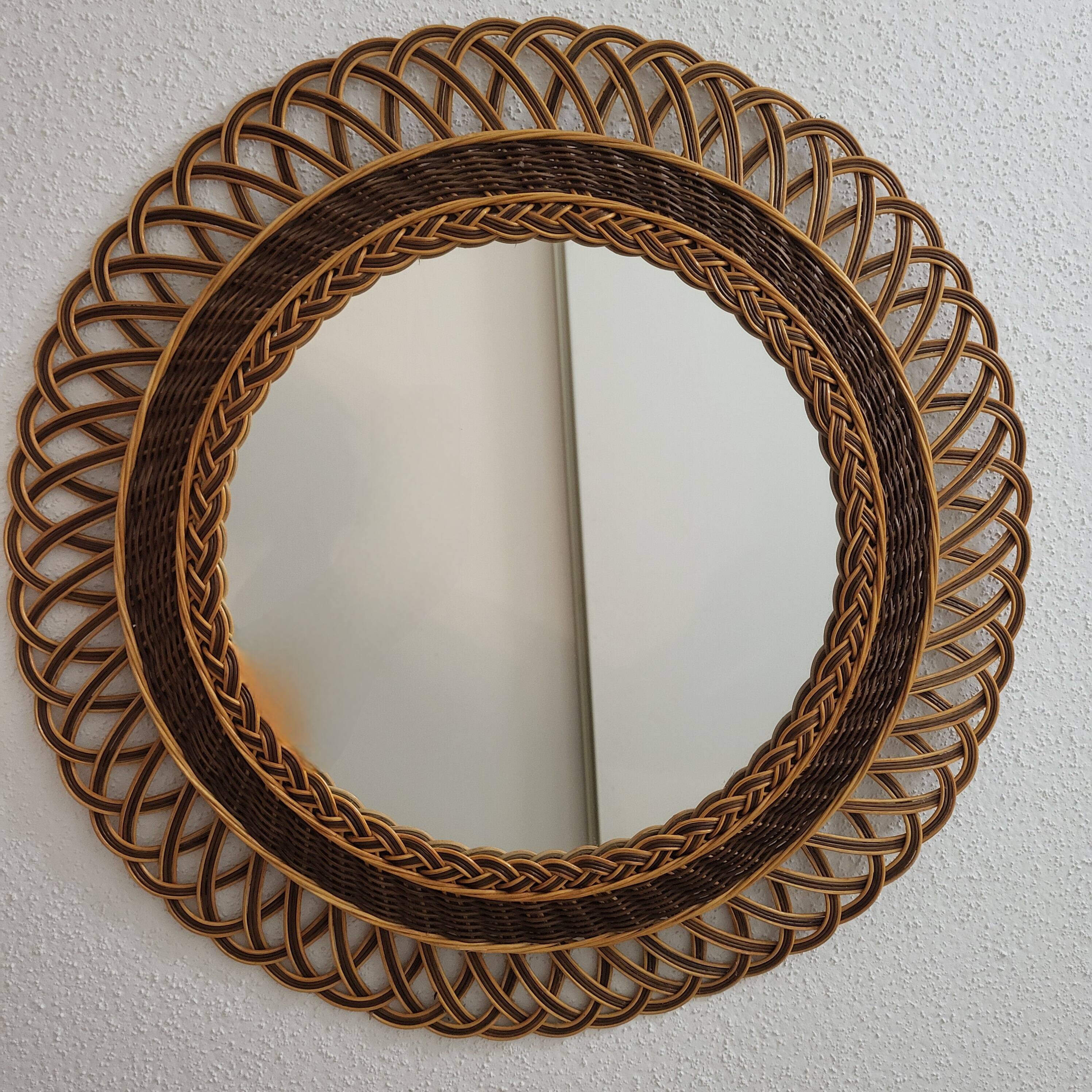 Woven rattan mirror, sunburst, vintage flower