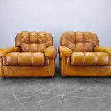 Pair of modern Italian armchairs from the mid-20th century, cognac leather, 1970.