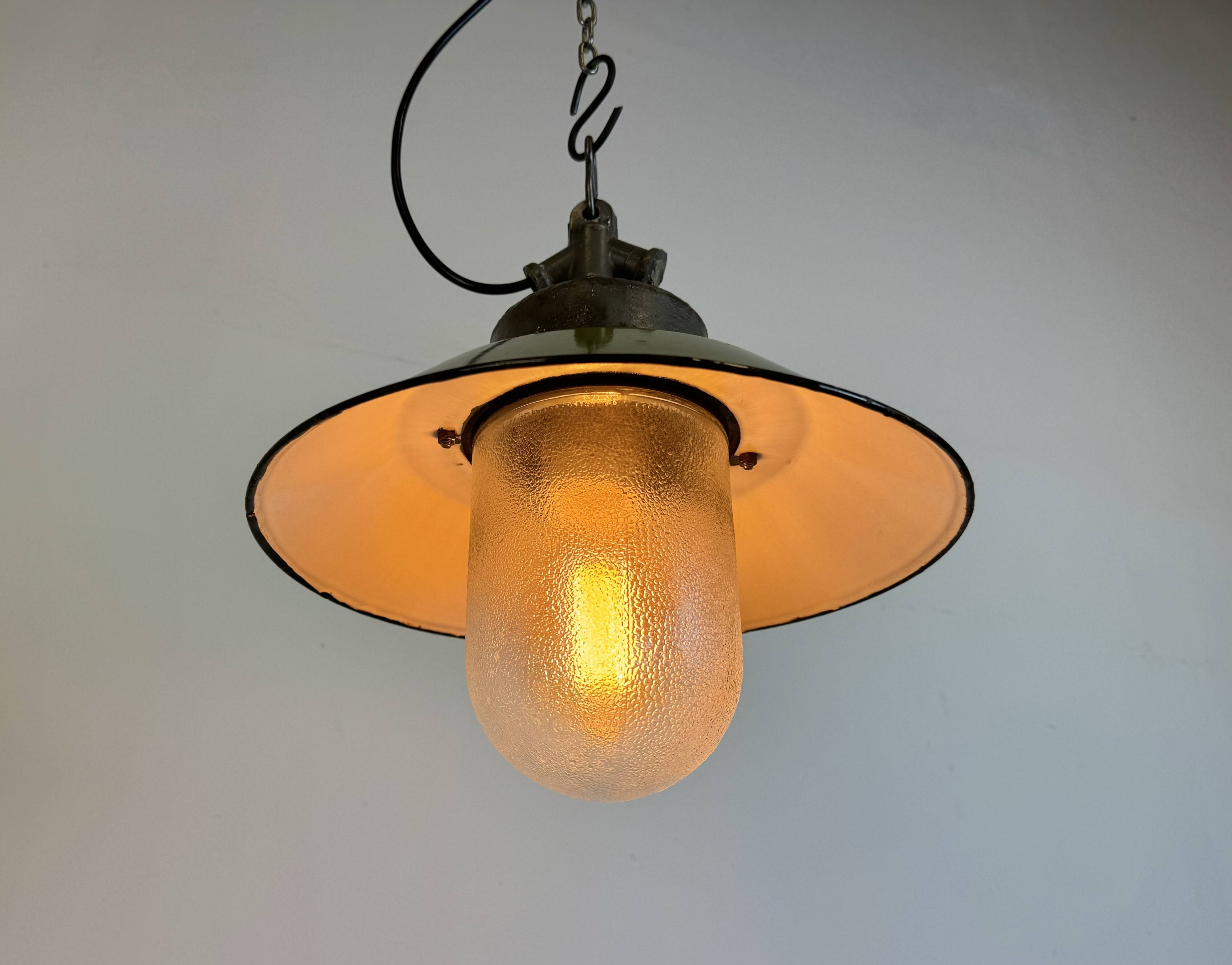Green Enamel and Cast Iron Industrial Pendant Light, 1960s