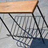 Porte-revues tablette chêne et fer forgé années 60-70