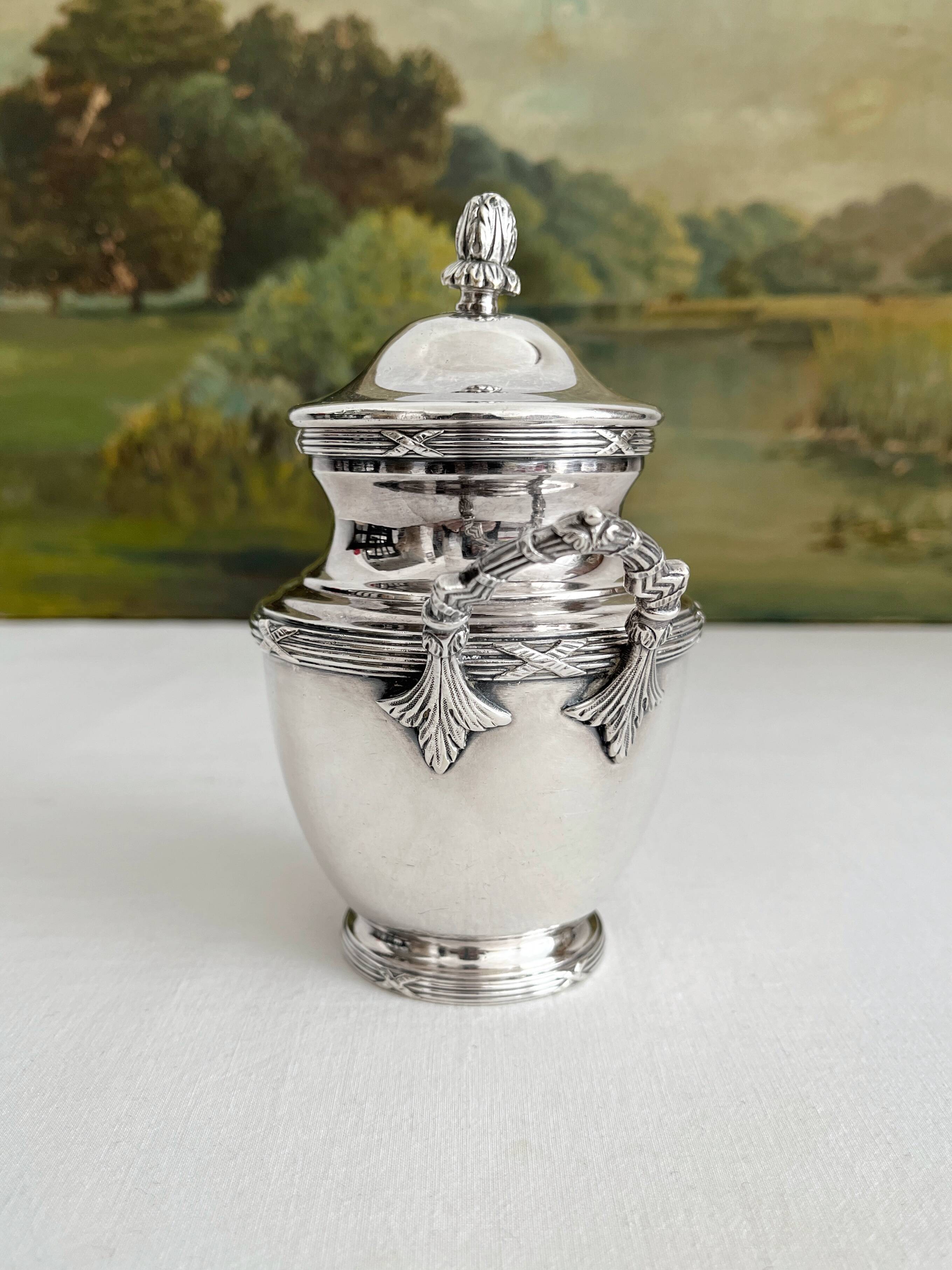 Antique monogrammed silver-plated metal sugar bowl