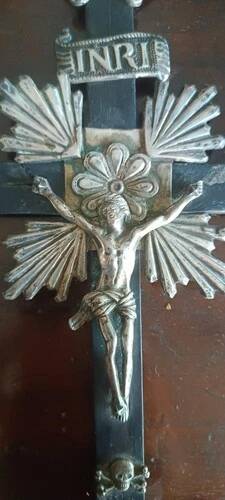 Ancient crucifix, silver-plated baptismal font from Naples, 19th century.