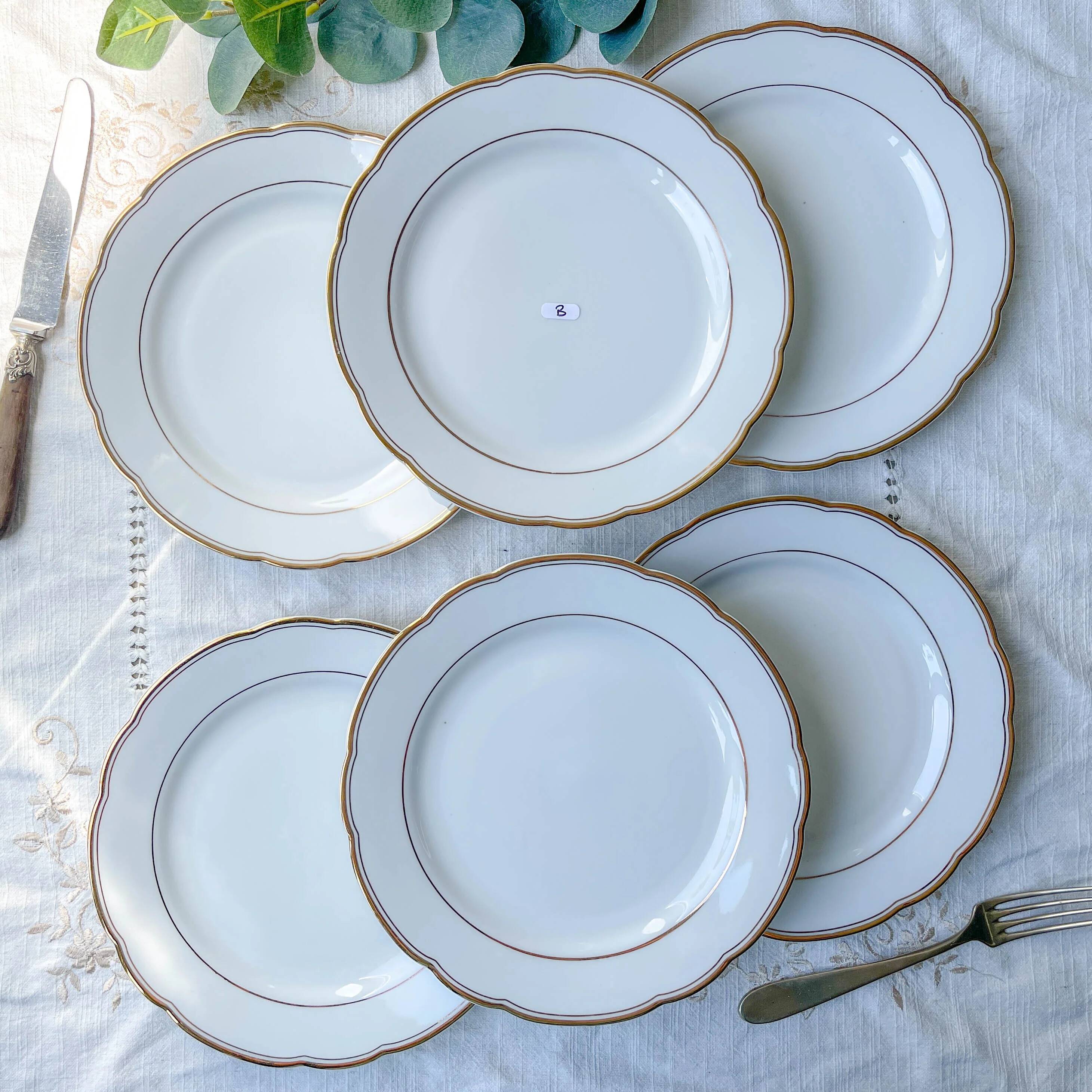 6 vintage white and gold porcelain dinner plates Kahla Gbr