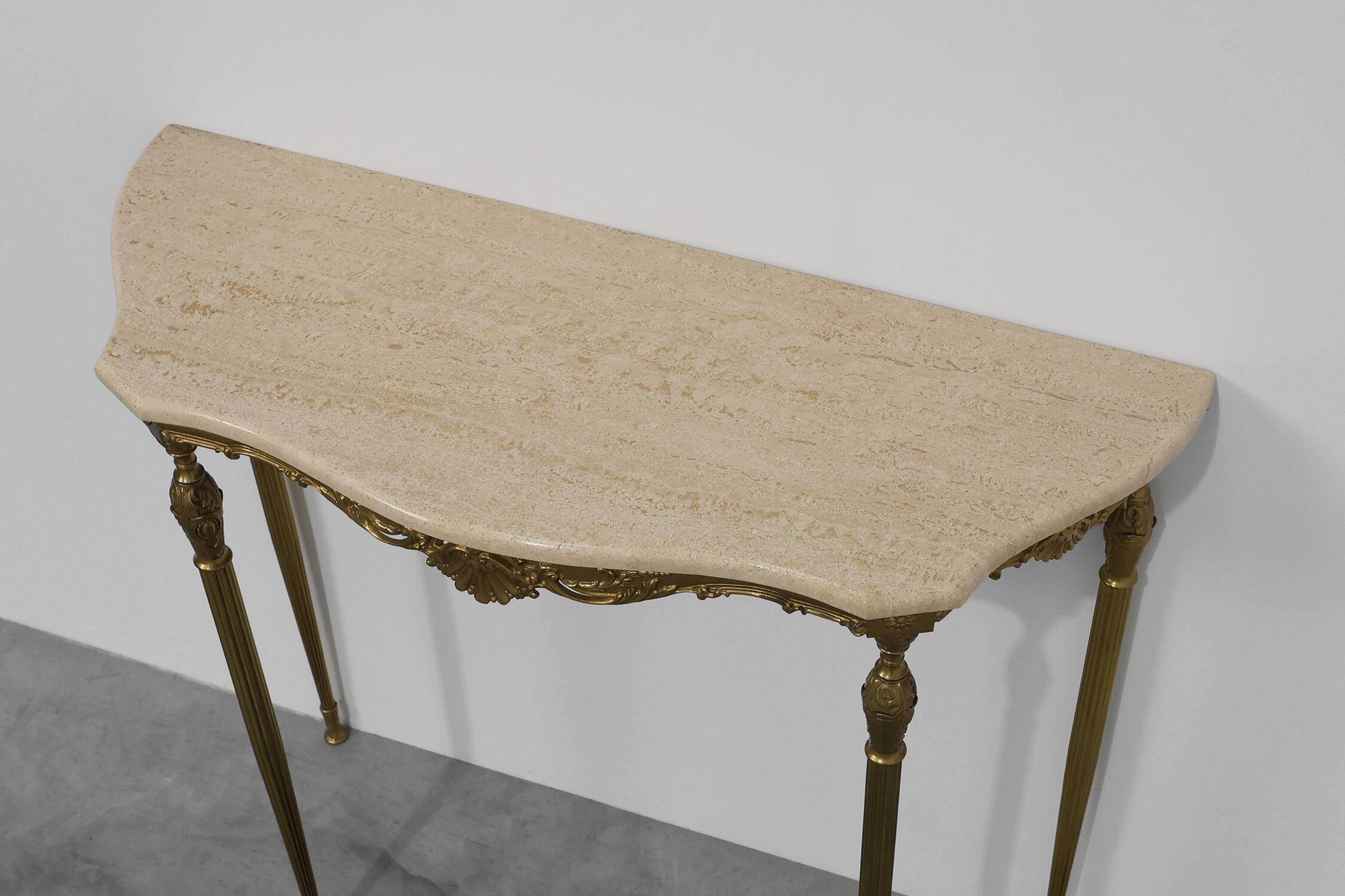 Copper Base and Travertine Top Louis XVI-Style Console Table, Italy