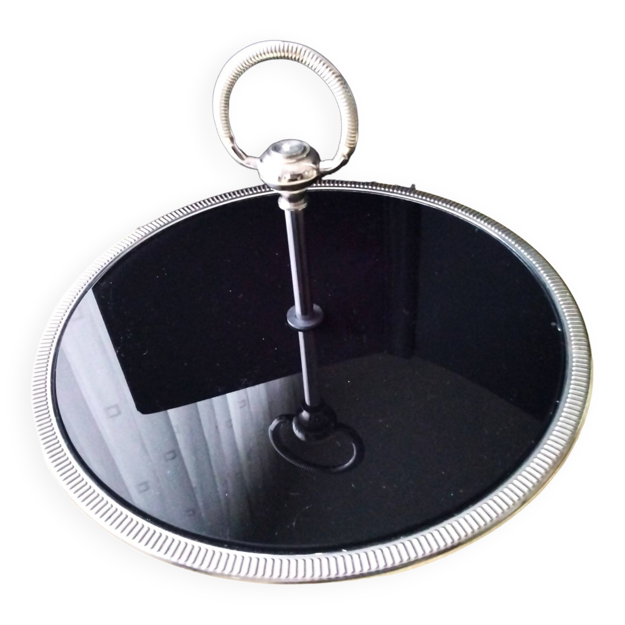 Cheese tray on shower stand in stainless steel and black tinted glass