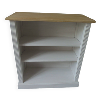 Re-enchanted bookcase in pearl gray, light oak waxed top.