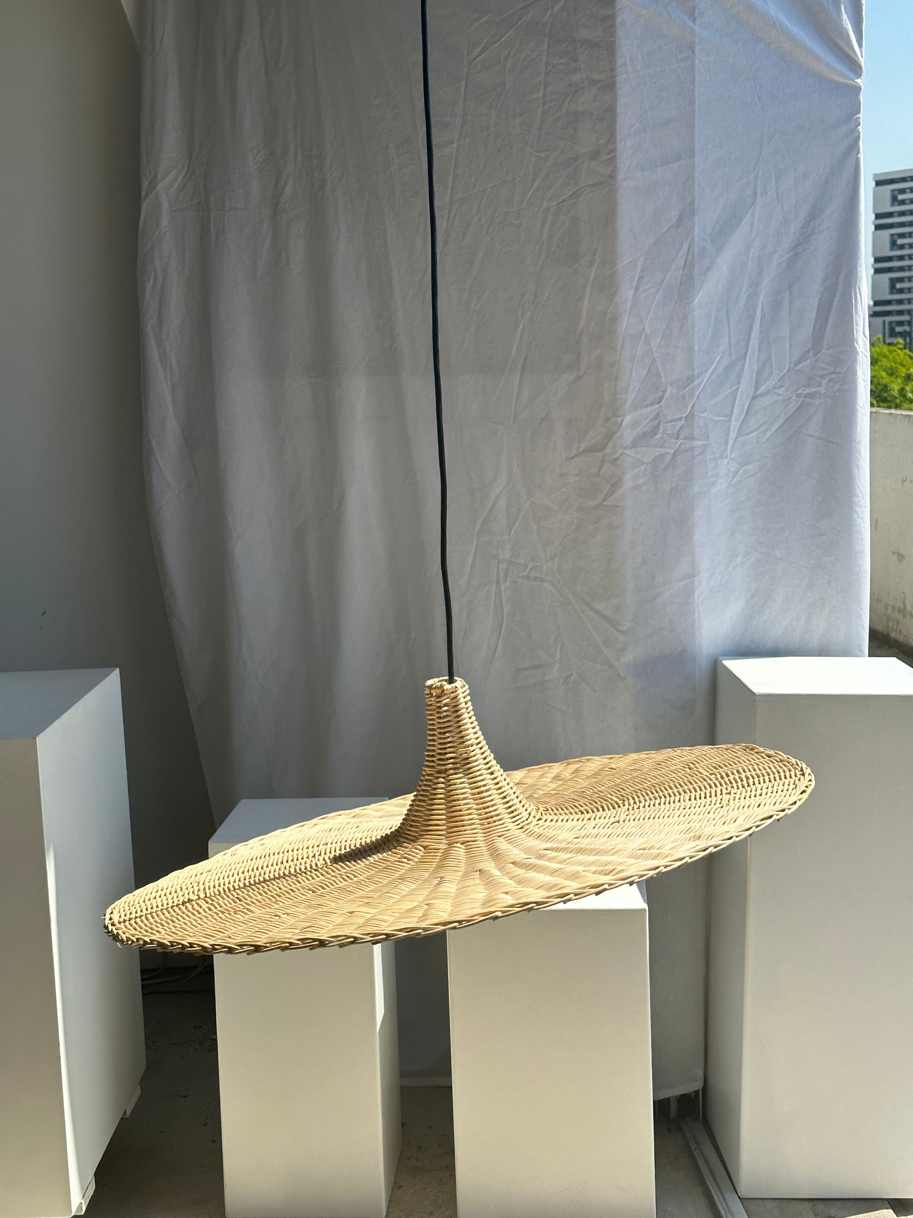 Large suspension, rattan luminaire in hat shape D:80cm