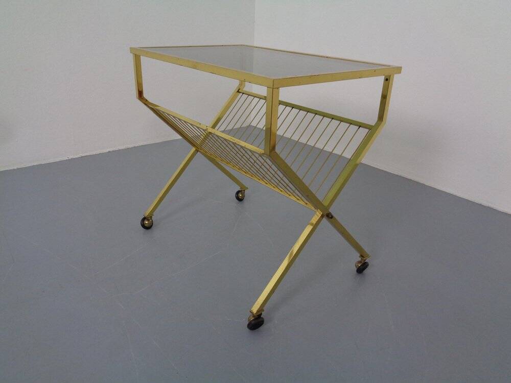 French brass and glass cart with magazine rack, 1960s