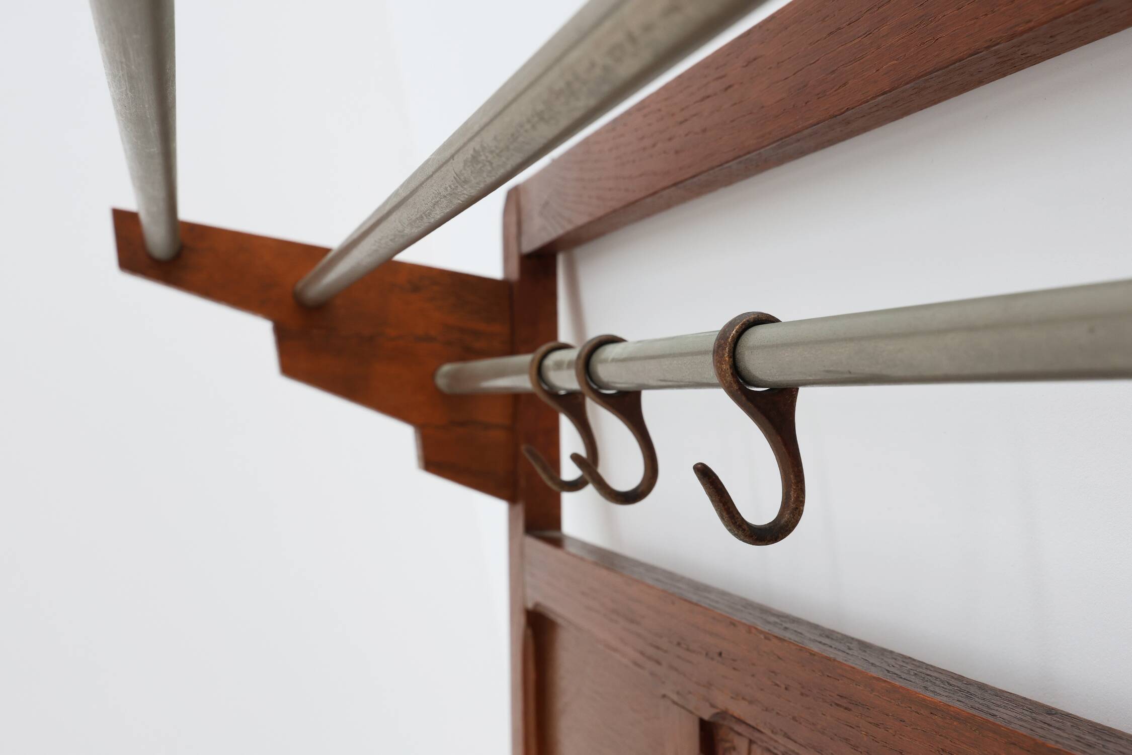 Art Deco oak carved wall coatrack with mirror, France 1920s