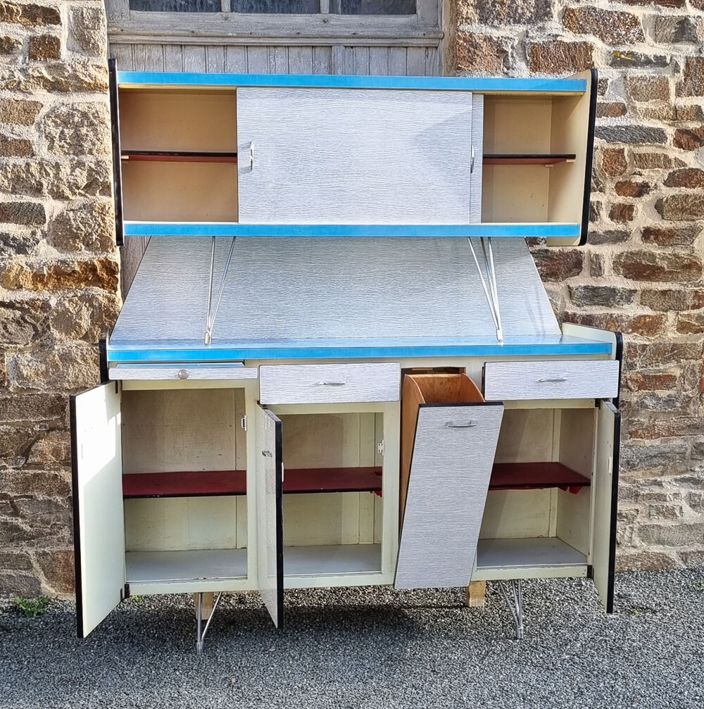 Buffet formica SIF, 3 portes, gris et bleu, vintage, années 50