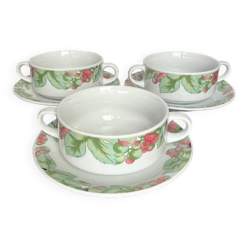 3 bols + sous-tasses en porcelaine