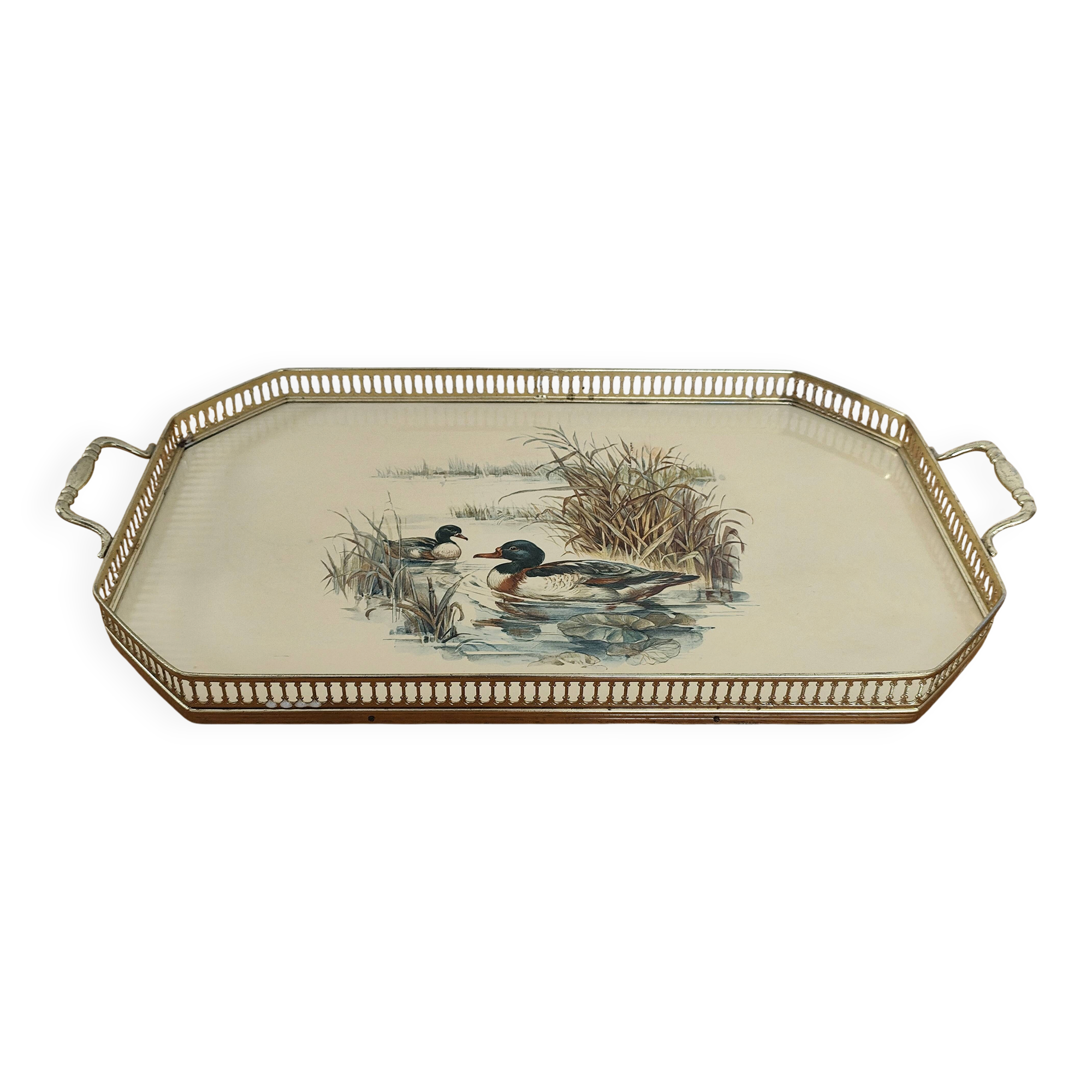 Vintage service tray with a golden gallery and mirror, decorated with ducks.