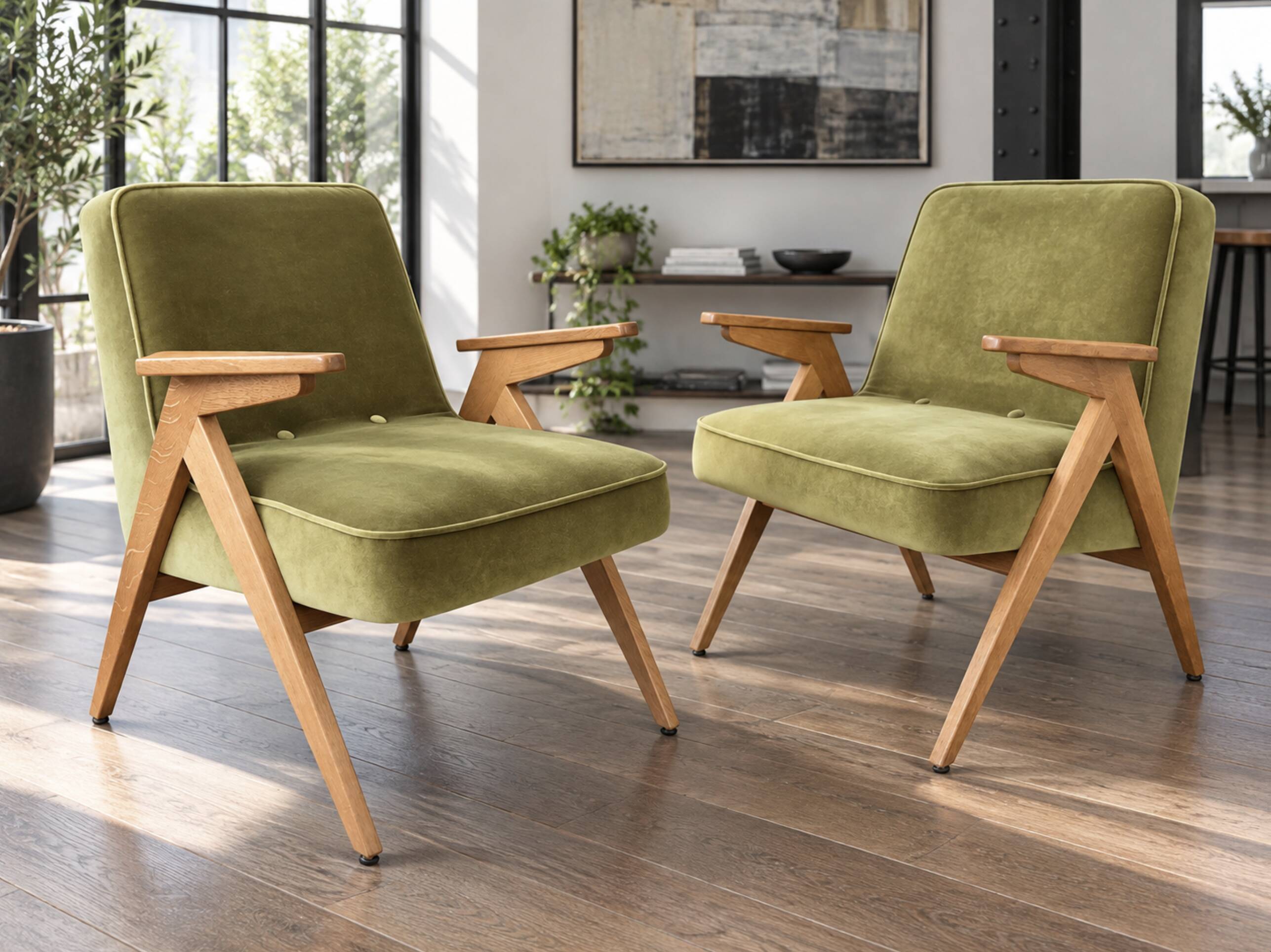 Paire de fauteuils Bunny 366  en velours Olive