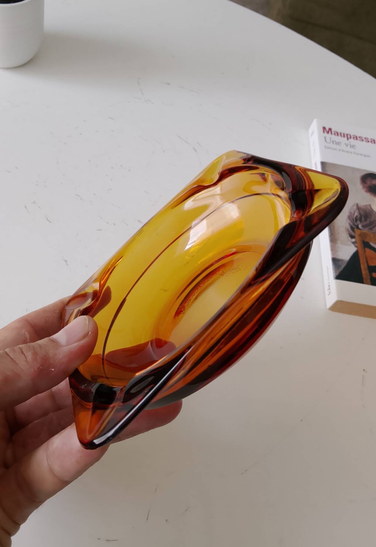 Vintage amber Duralex ashtray from the 1970s.