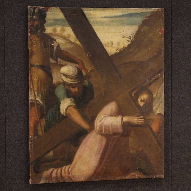 Antique Italian painting of the Way of the Cross, Ascent to Calvary