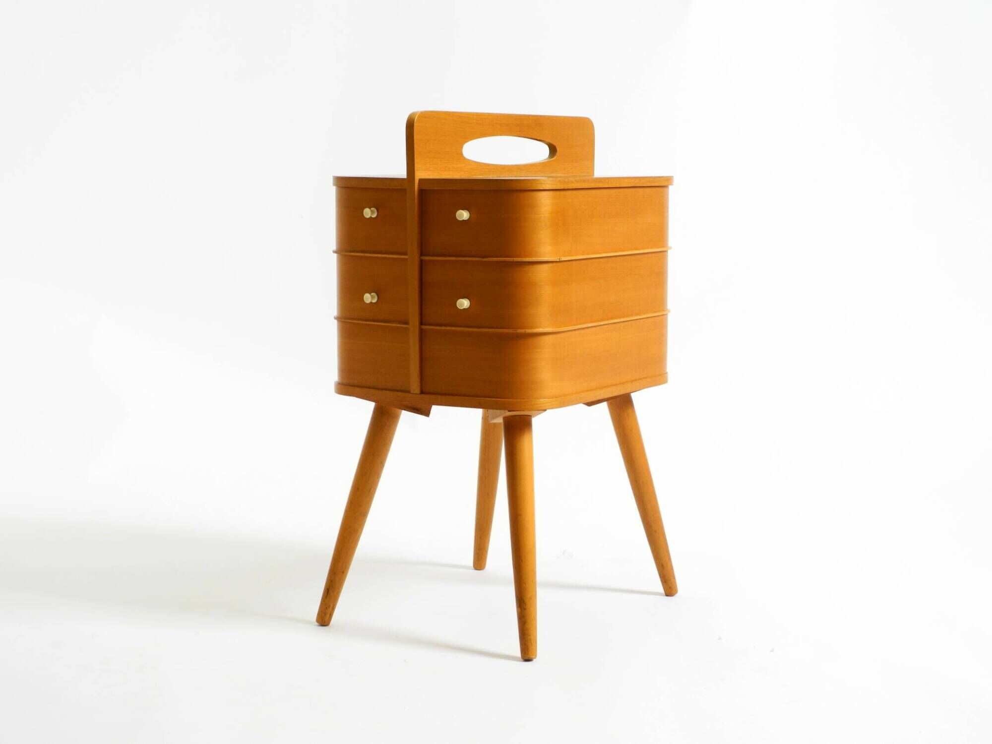 Beautiful original Mid Century teak sewing box with hinged compartments
