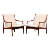 2 teak and ecru fabric armchairs, Denmark 1960