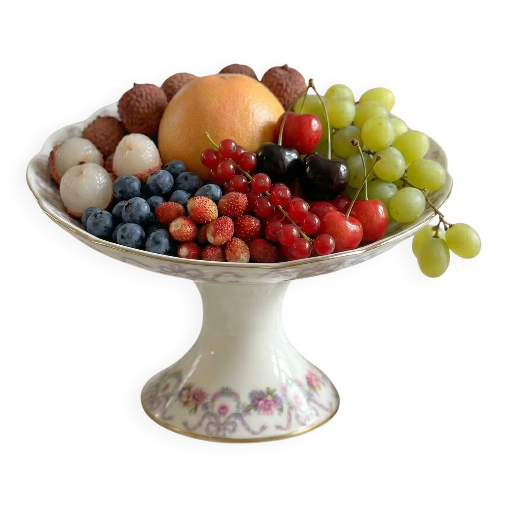 Compote dish on pedestal / fruit bowl in Limoges porcelain with floral garlands and ribbons | “Vieux Bernardaud” D&C (Delinières & Cie) | late 19th century