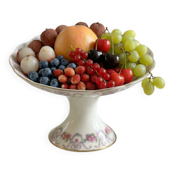 Compotier sur piédouche / coupe à fruits en porcelaine de Limoges à guirlandes florales et rubans   “Vieux Bernardaud” D&C (Delinières & Cie)   fin XIXe siècle