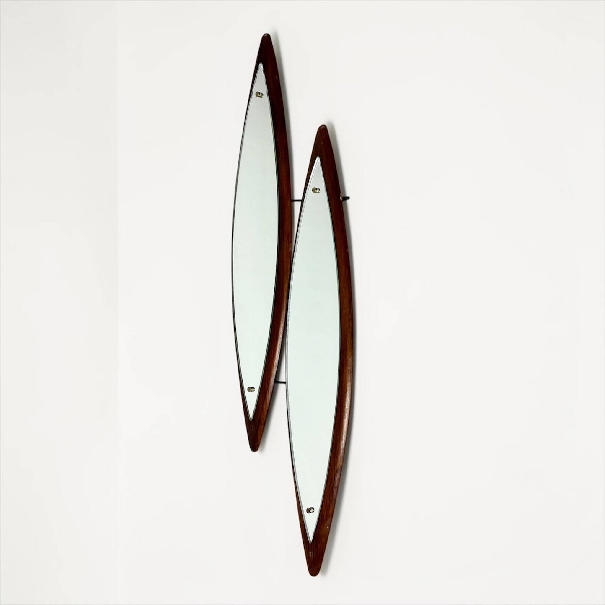 Sculptural Double Wall Mirror in Wood and Brass, Italy 1960s