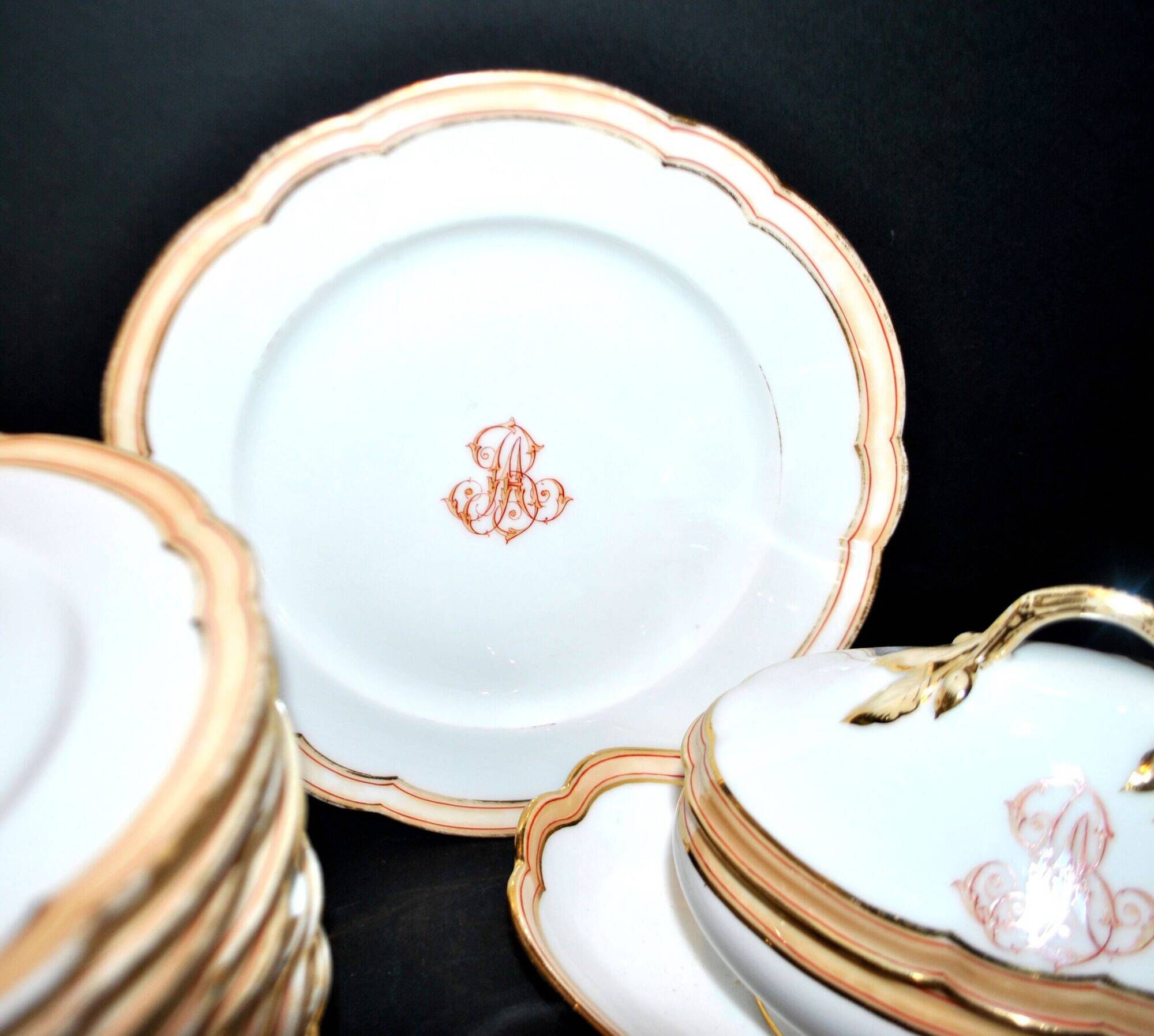 Paris porcelain set of 12 plates, dish and sauce boat, antique tableware with monogram BA.